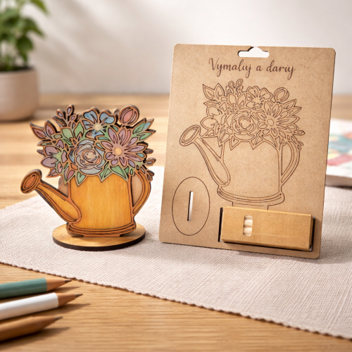 Cedulka k vybarvení + pastelky15x21cm - konvička s květinou