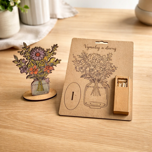 Cedulka k vybarvení + pastelky 15x21cm - váza s květinou