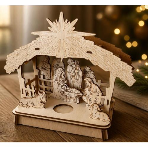 Betlém dřevo na led svíčku 18x16cm
