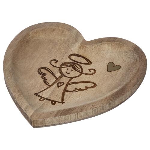 Dřevěný tácek srdce s andělem(akácie) 15cm - SUC125