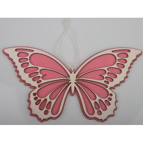 Dřevěný motýlek na pověšení - růžovo-bílý