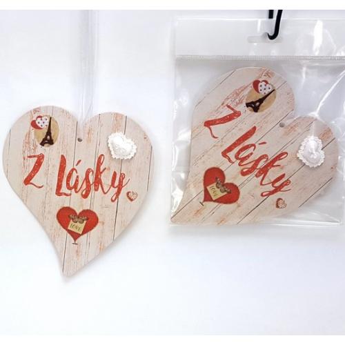Srdíčko papírové 15x14 cm s nápisem a přízdobou na zavěšení - Z lásky